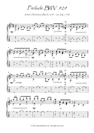 Bach for Guitar Prelude BWV 929 guitar solo (arr. PianoSheetNow)