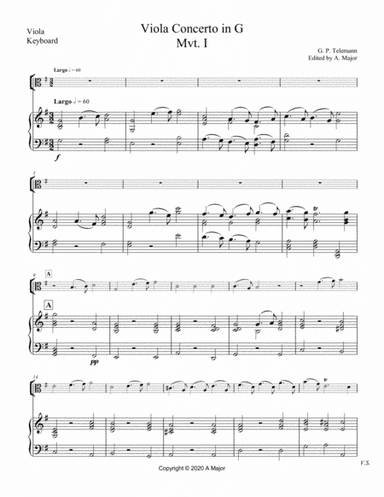 Telemann Viola Concerto in G for Keyboard and Viola Solo (arr. A. Major)