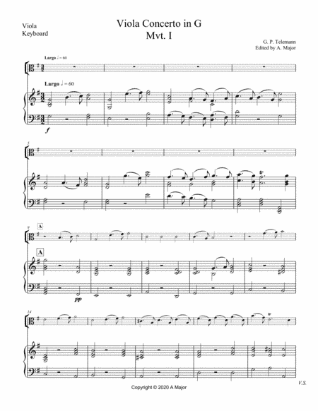 Telemann Viola Concerto in G for Keyboard and Viola Solo (arr. A. Major)
