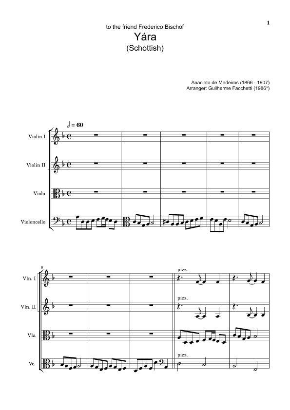 Anacleto de Medeiros - Yára. Arrangement for String Quartet. Complete Score and Parts (arr. Guilherme Facchetti)