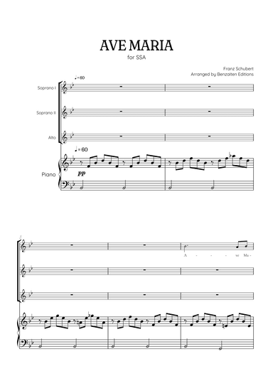 Schubert Ave Maria • SSA choir sheet music with easy piano accompaniment (arr. Benzaiten Editions)