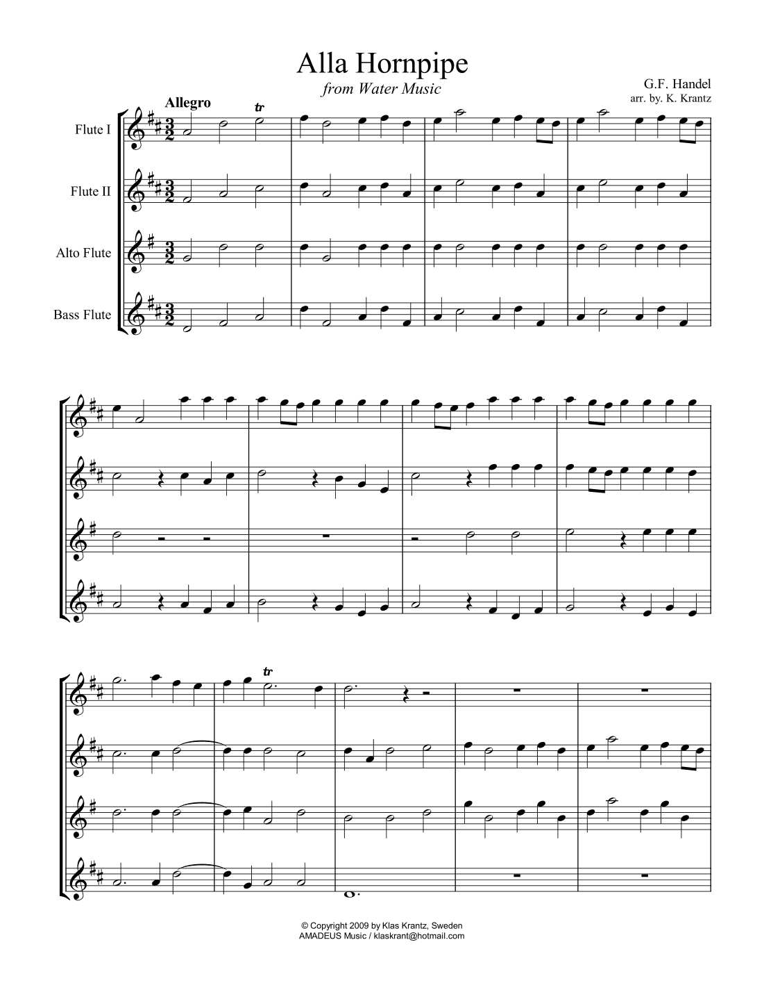 Alla Hornpipe from Water Music for flute quartet (arr. K. Krantz)