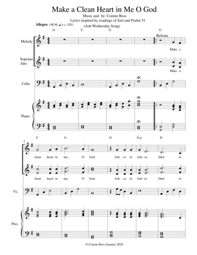 Make a Clean Heart in Me O God - cello trio and piano