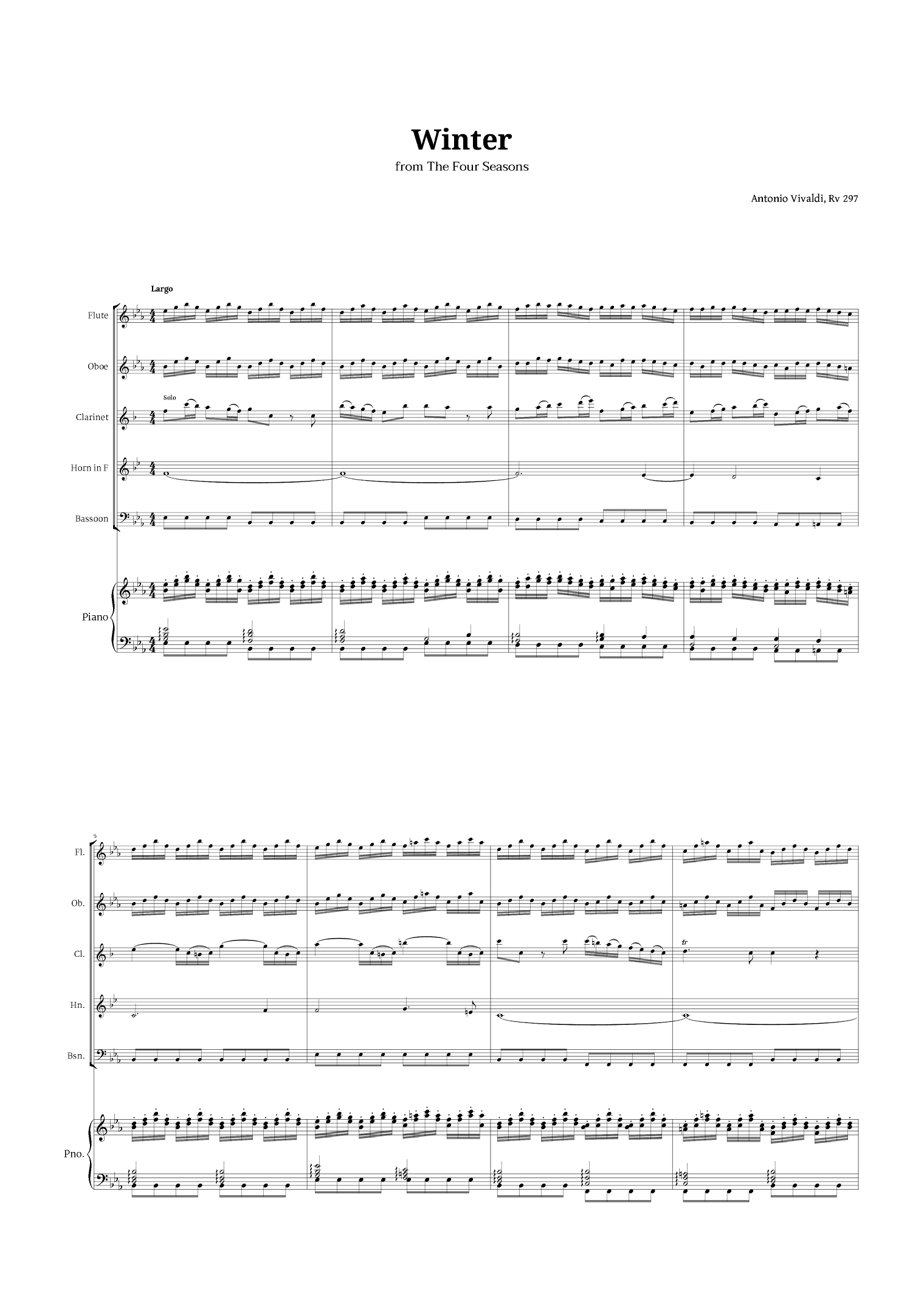 Largo from Winter by Vivaldi for Woodwind Quintet and Piano (arr. Langanho)