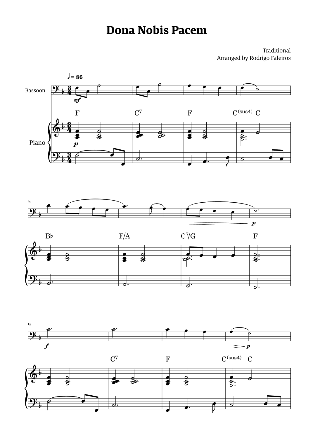 Dona Nobis Pacem - for bassoon (with piano accompaniment with chords) (arr. Rodrigo Faleiros)