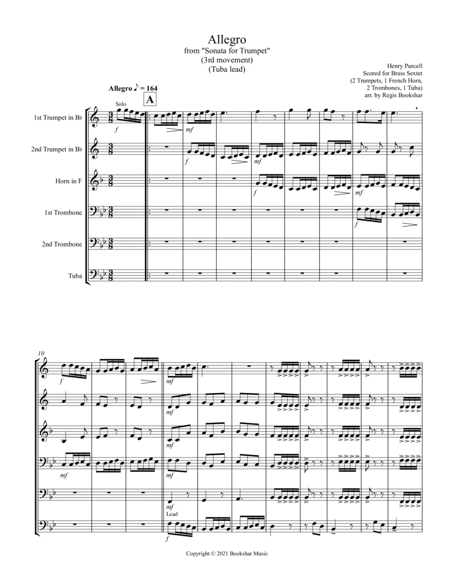 Allegro (from "Sonata for Trumpet") (Bb) (Brass Sextet - 2 Trp, 1 Hrn, 2 Trb, 1 Tuba) (Tuba lead) (arr. Regis Bookshar)