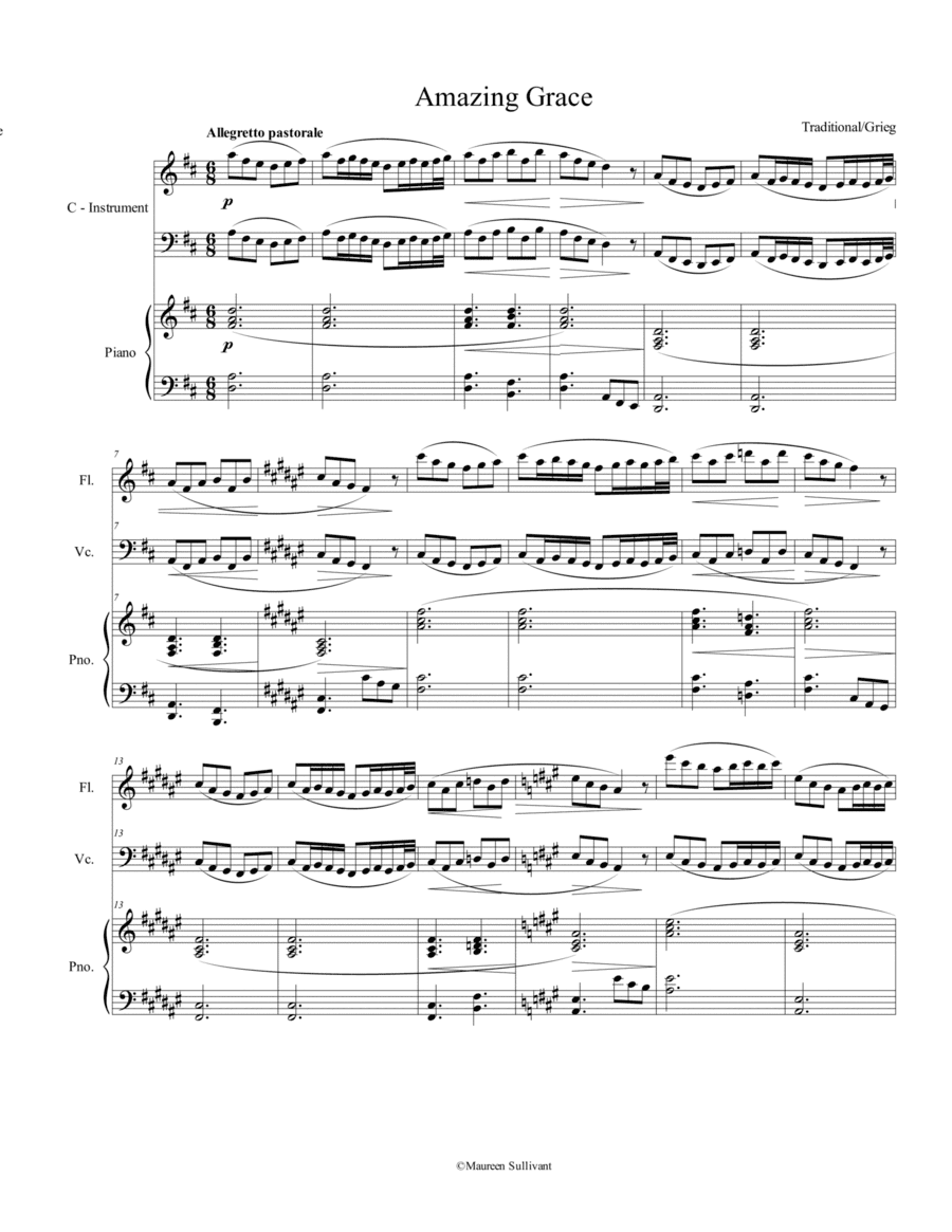 'Amazing Grace' in the style of Grieg's 'Morning Mood' for C Instruments (arr. Maureen Sullivant)