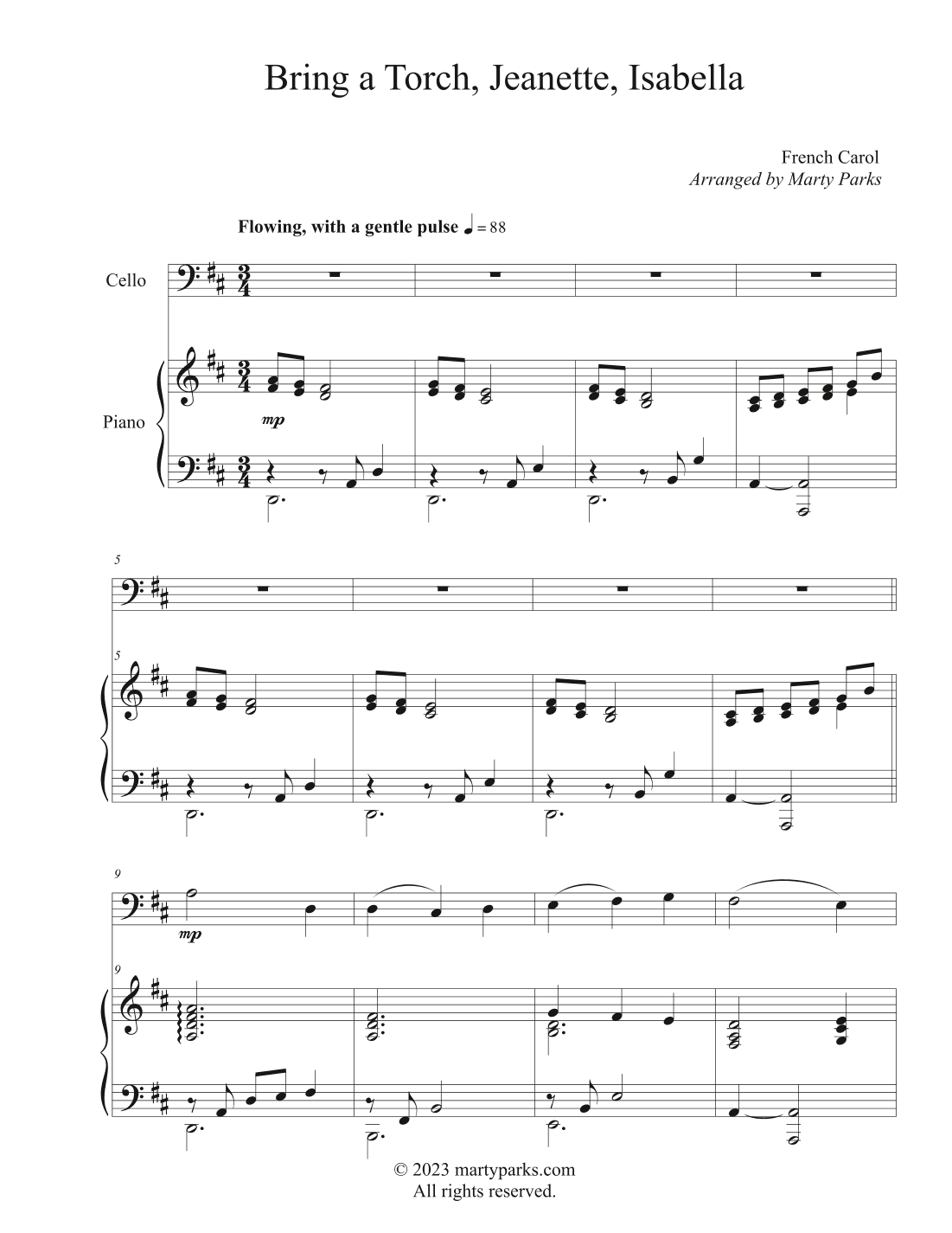 Bring a Torch, Jeanette, Isabella (Cello-Piano) (arr. Marty Parks)