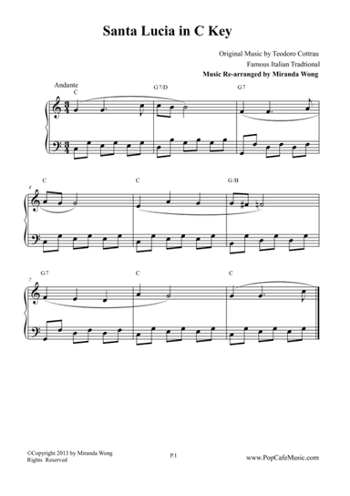 Santa Lucia - Piano Solo in C Key (arr. Miranda Wong)