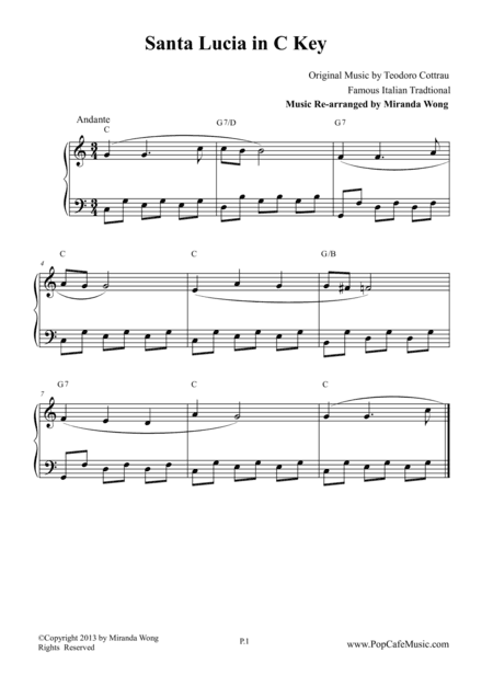 Santa Lucia - Piano Solo in C Key (arr. Miranda Wong)