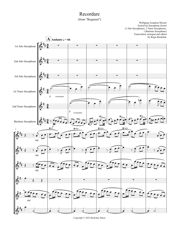 Recordare (from "Requiem") (F) (Saxophone Sextet - 3 Alto, 2 Ten, 1 Bari) (arr. Regis Bookshar)