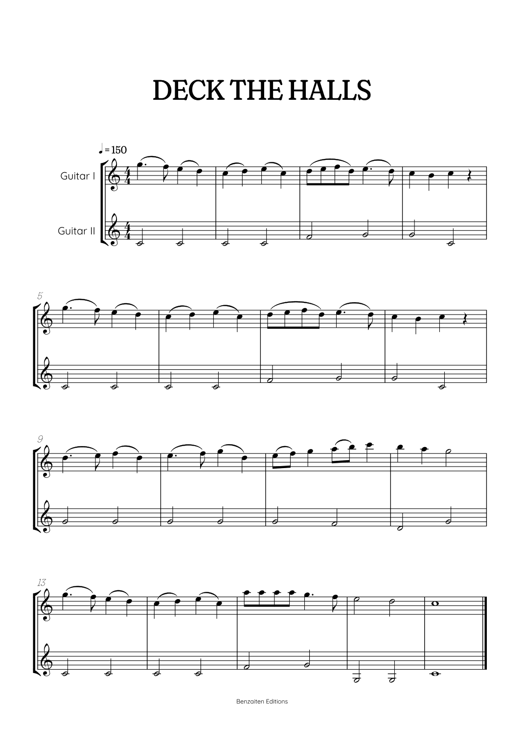 Deck the Halls for acoustic guitar duet • super easy Christmas song sheet music (arr. Benzaiten Editions)