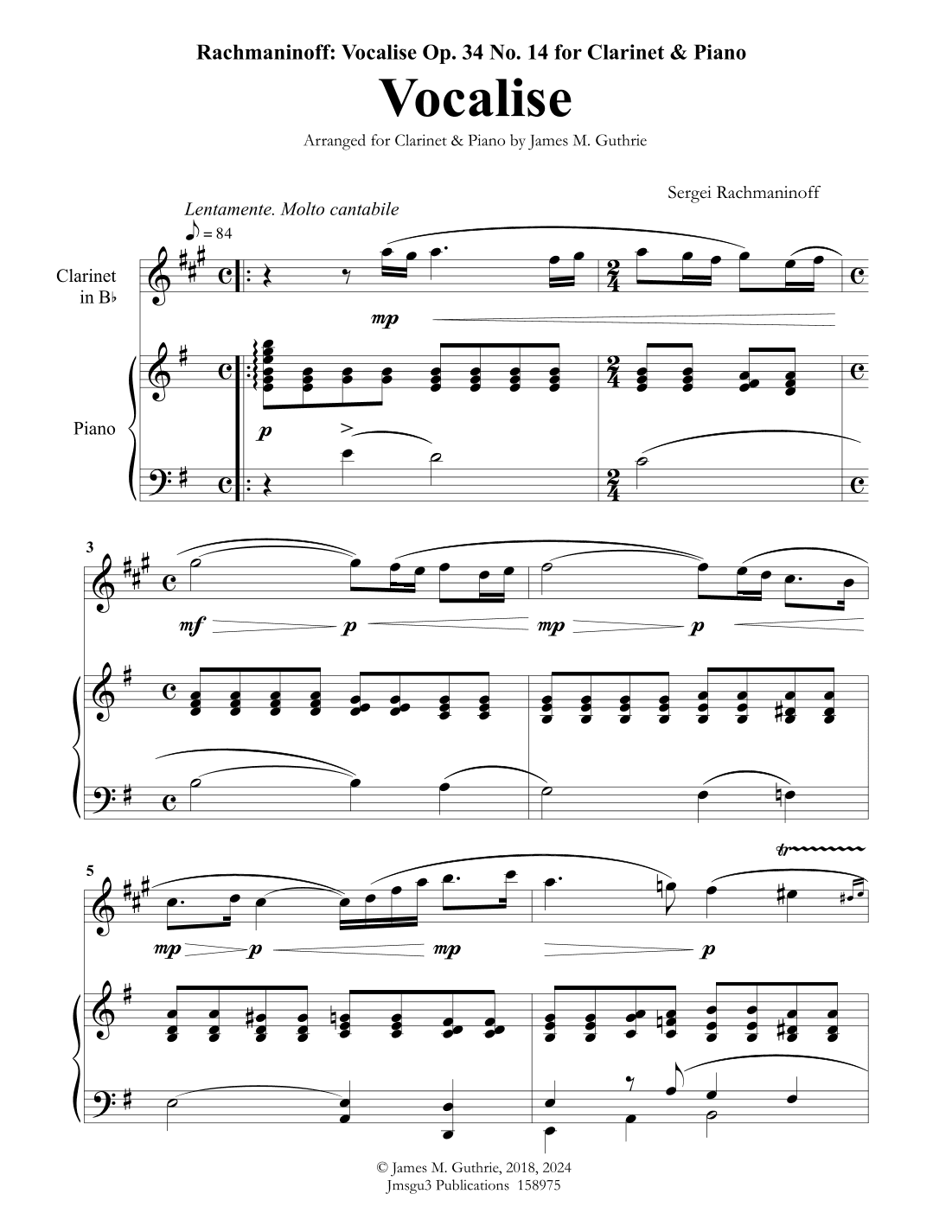 Rachmaninoff: Vocalise for Clarinet & Piano (arr. James M. Guthrie, ASCAP)