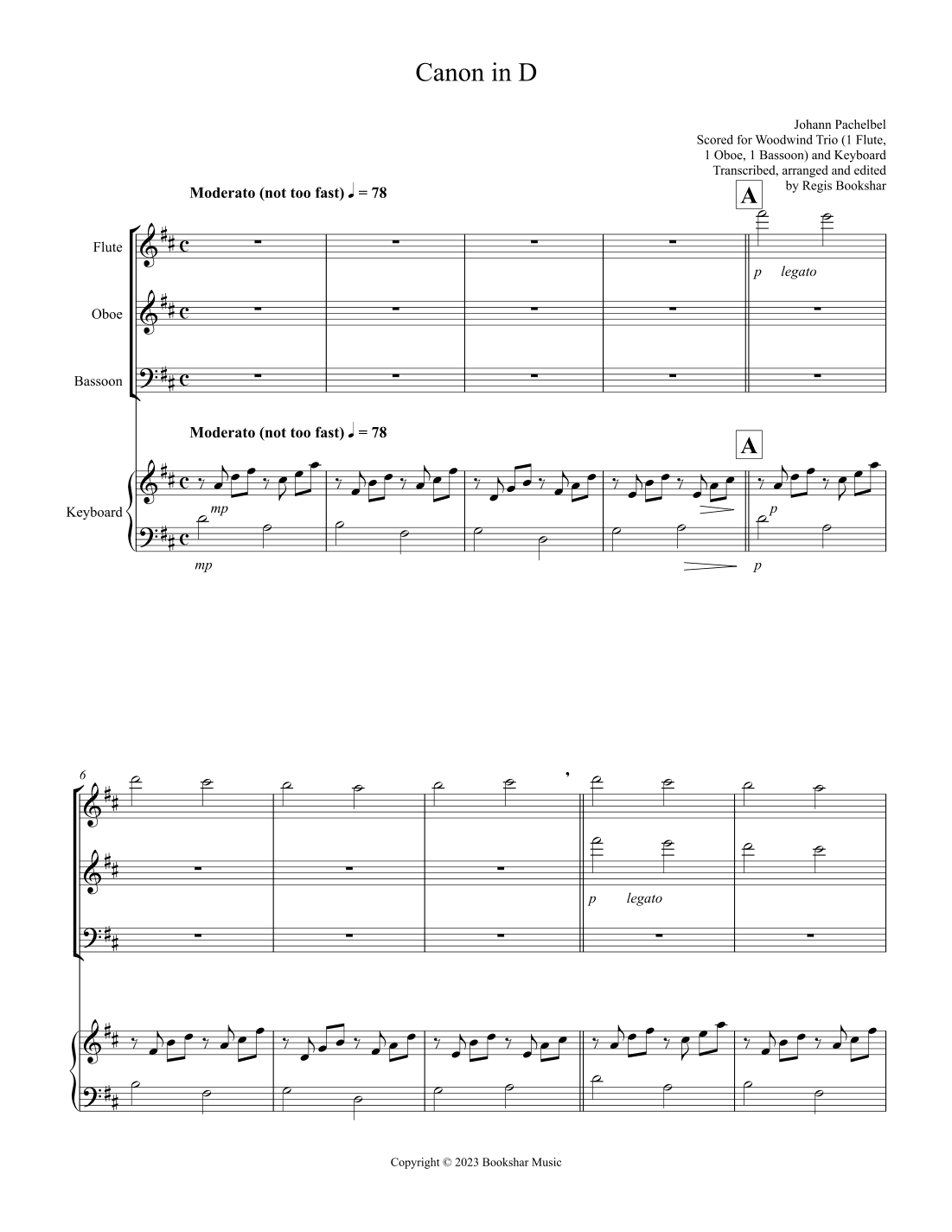 Canon in D (Pachelbel) (D) (Woodwind Trio - 1 Flute, 1 Oboe, 1 Bassoon), Keyboard) (arr. Regis Bookshar)