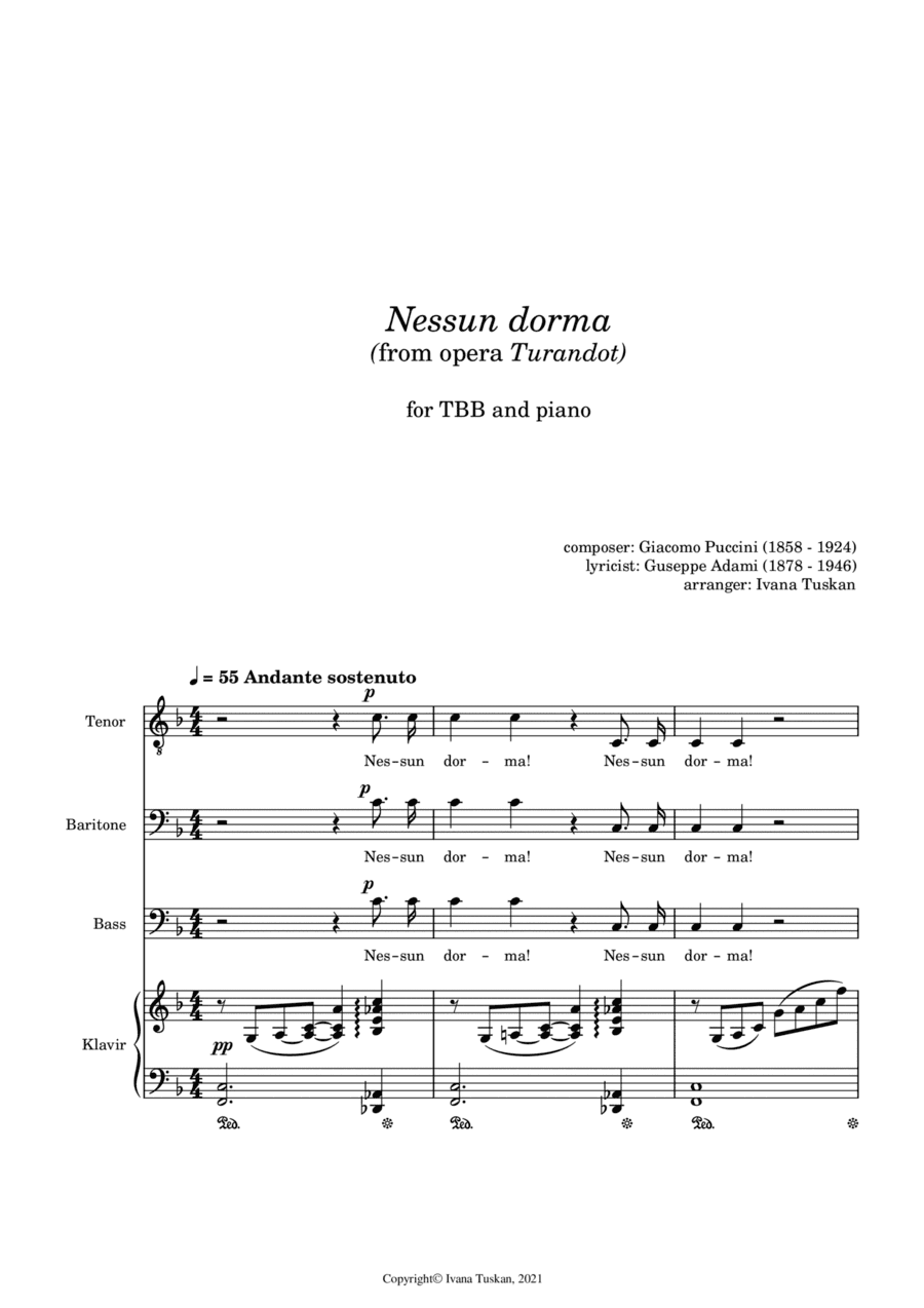 Nessun dorma, for TBB and piano, F major (arr. Ivana Tuskan)