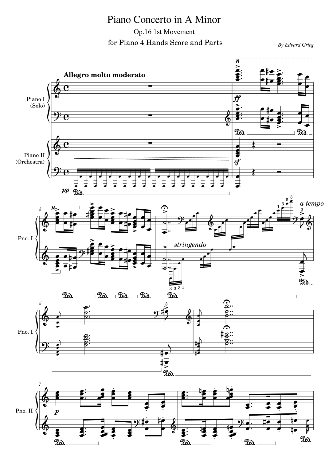 Grieg, Piano Concerto in A Minor, Op.16 1st Mov, for Piano four hands Original With Fingering (arr. poon)