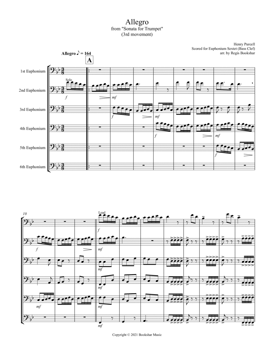 Allegro (from "Sonata for Trumpet") (Bb) (Euphonium Sextet - Bass Clef) (arr. Regis Bookshar)