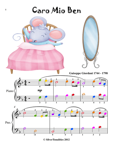 Caro Mio Ben Easy Piano Sheet Music with Colored Notes (arr. SilverTonalities)