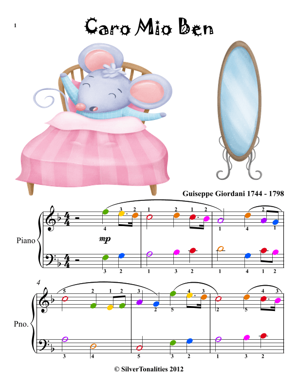 Caro Mio Ben Easy Piano Sheet Music with Colored Notes (arr. SilverTonalities)