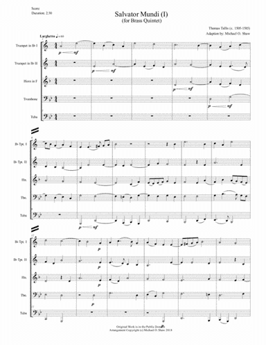 Salvator Mundi (1) by Thomas Tallis for Brass Quintet (2tmp, hn, tbn, and tuba) (arr. Michael O. Shaw)