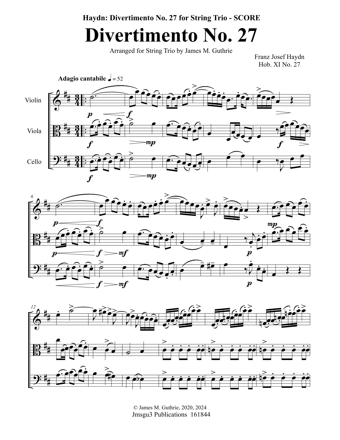 Haydn: Divertimento No. 27 for String Trio (arr. James M. Guthrie)