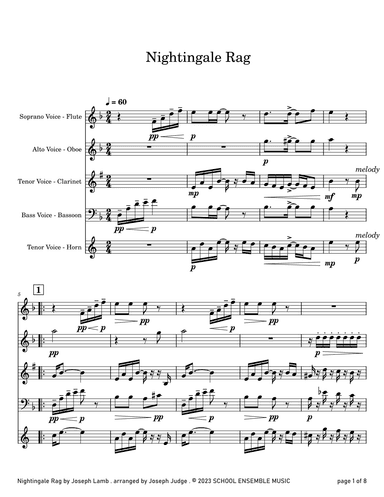 Nightingale Rag by Joseph Lamb for Woodwind Quartet in Schools (arr. Joseph Judge)