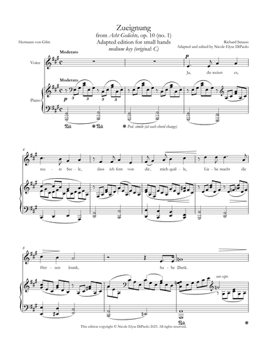 Strauss - Zueignung from Acht Gedichte, op. 10 - Small Hand Edition (A major, medium key) (arr. Nicole Elyse DiPaolo)
