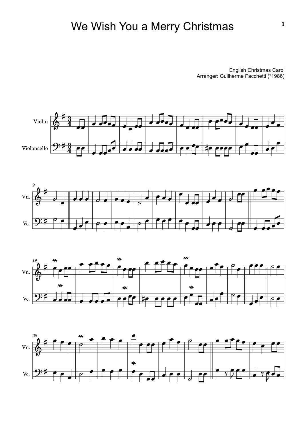 English Christmas Carol - We Wish You a Merry Christmas. For Violin and Violoncello. (arr. Guilherme Facchetti)