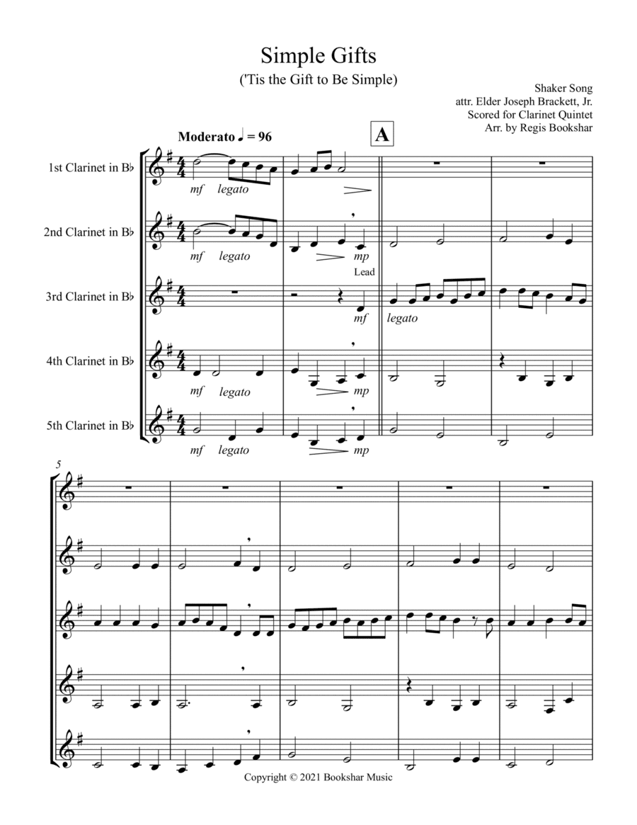 Simple Gifts ('Tis the Gift to Be Simple) (F) (Clarinet Quintet) (arr. Regis Bookshar)