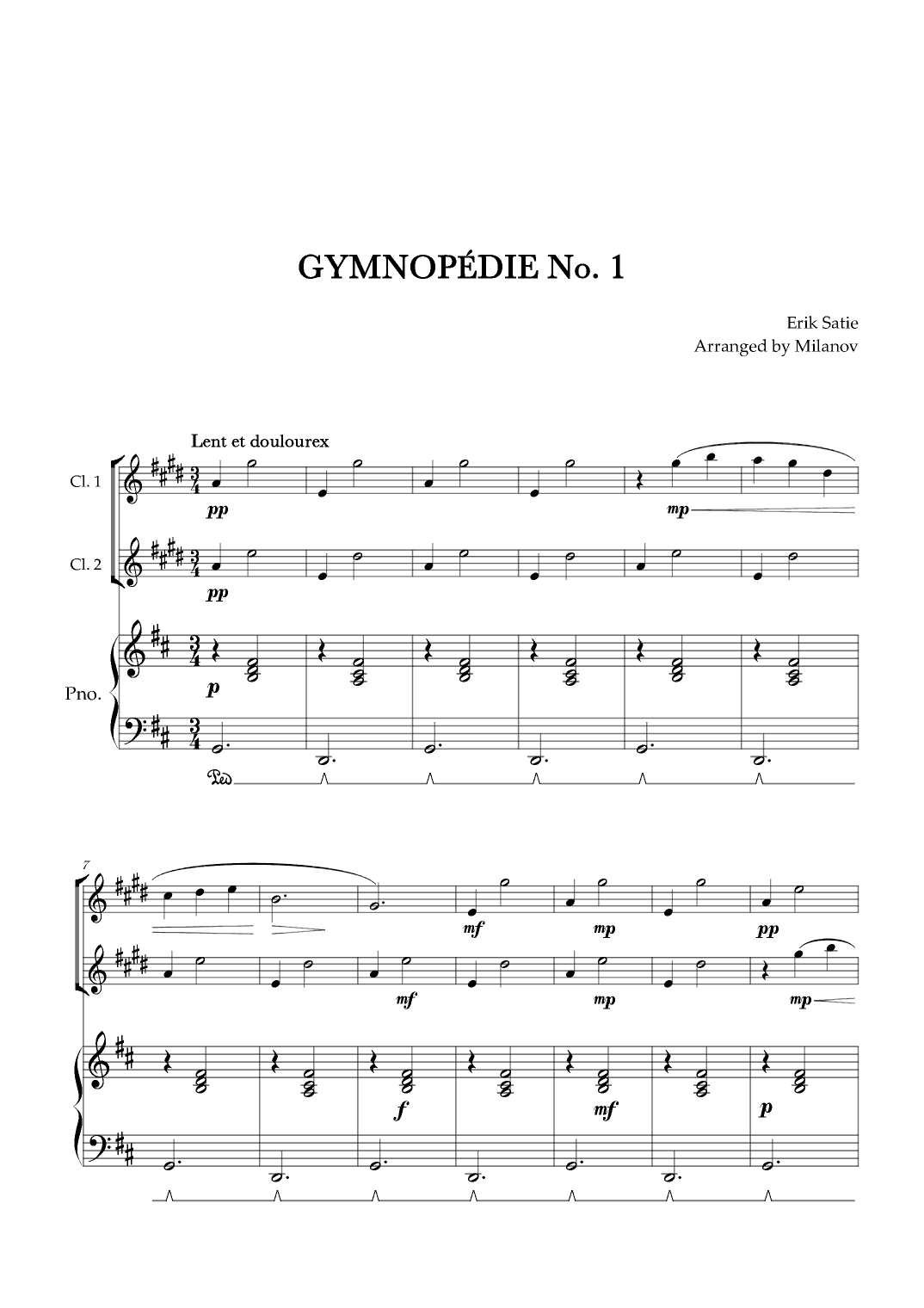 Gymnopédie no 1 | Clarinet in Bb Duet | Original Key| Piano accompaniment |Easy intermediate (arr. Milanov)