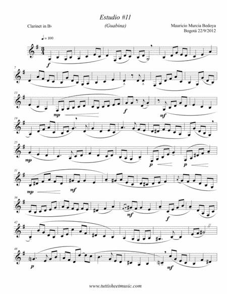 Etude #11 (Guabina) for clarinet with piano chord chart