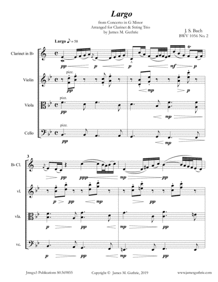 Bach: Largo from Concerto BWV 1056 for Soprano Sax & String Trio (arr. James M. Guthrie)