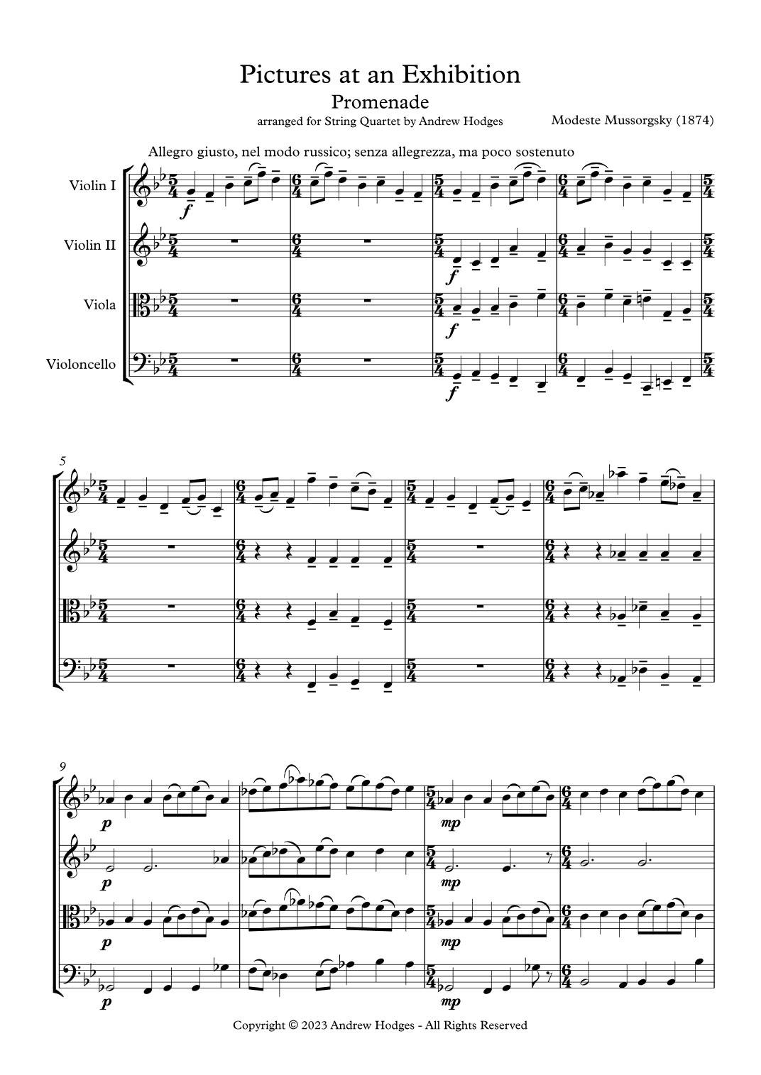 "Promenade" from Pictures at an Exhibition by Mussorgsky - arranged for String Quartet (arr. Andrew Hodges)