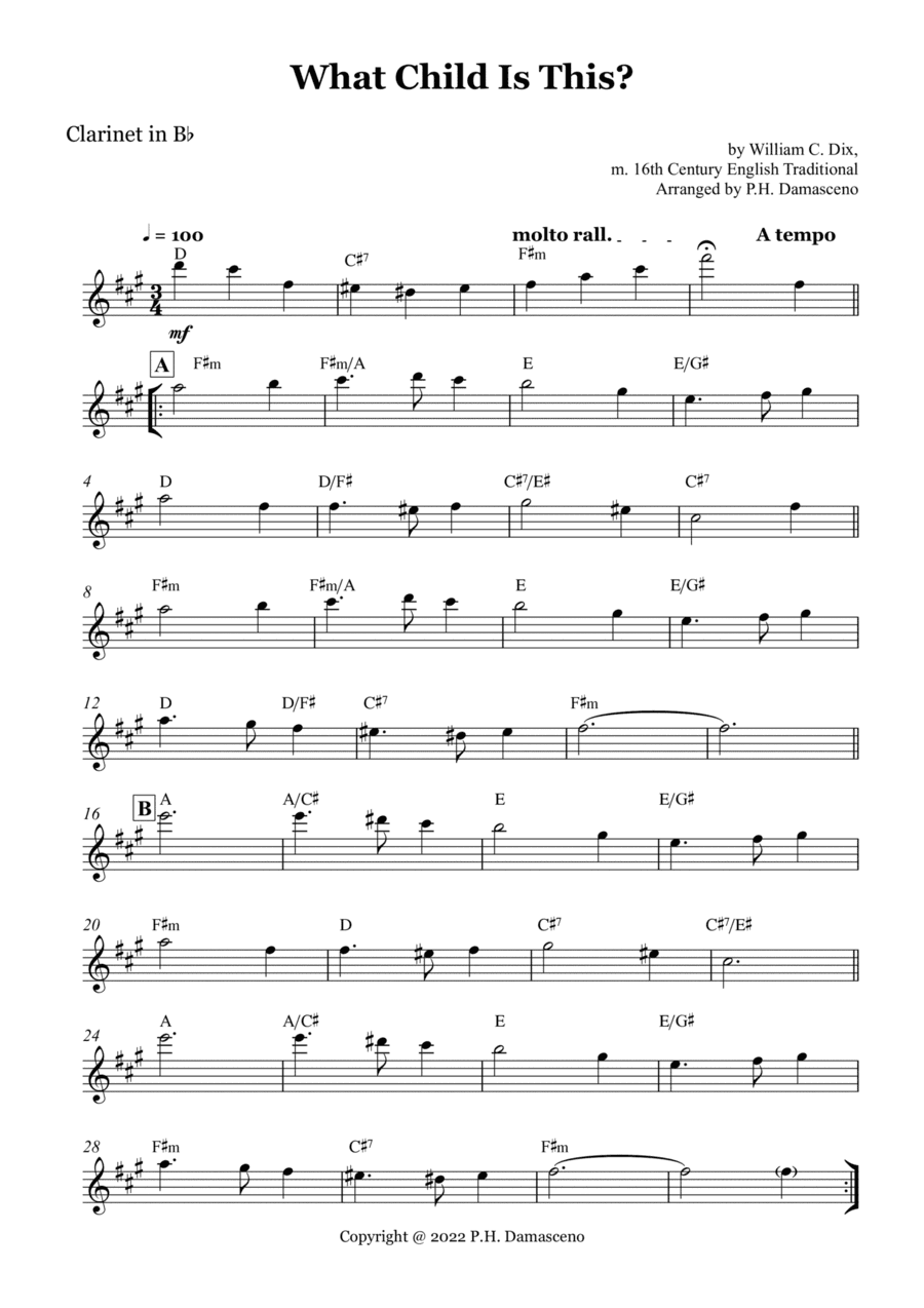 What Child Is This? - Clarinet in Bb Solo with Chords (arr. P.H. Damasceno)