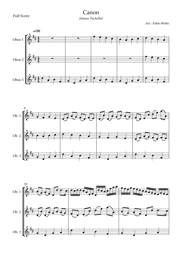 Canon - Johann Pachelbel (Wedding/Reduced Version) for Oboe Trio (arr. Fabio Britto)