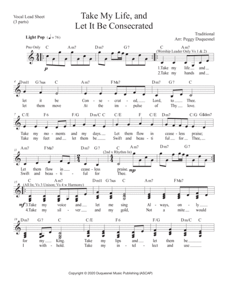 Take My Life, and Let it Be (Key of C - Db) Lead Sheet_Vocal_3 parts (arr. Duquesnel Music Publishing)