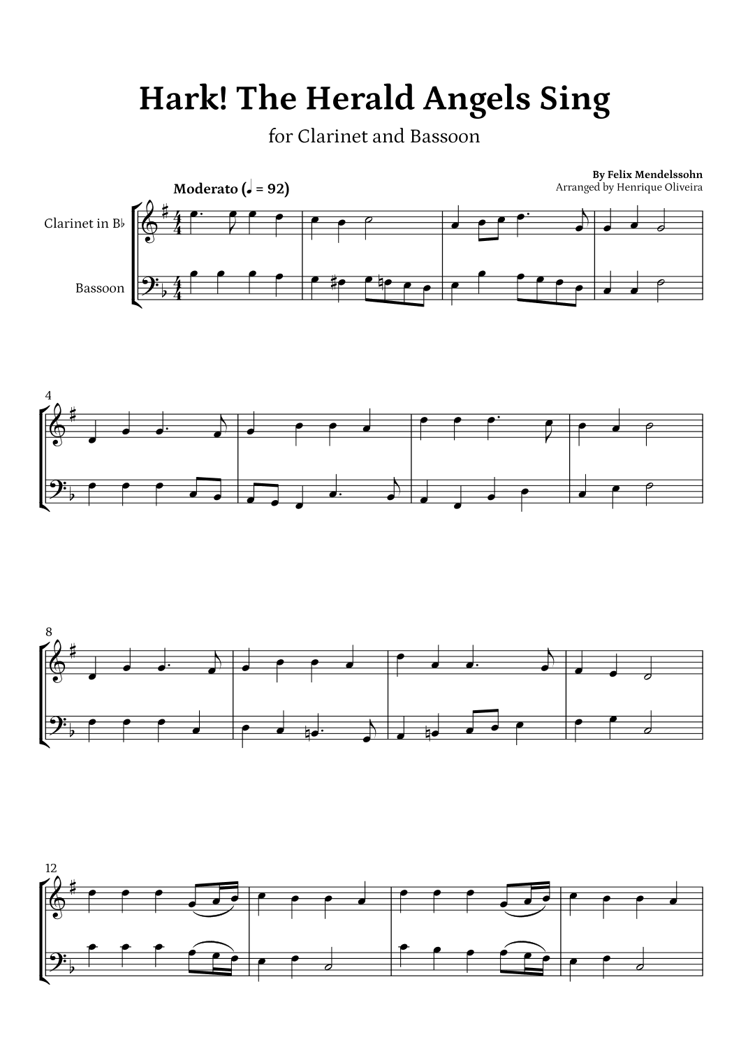 Hark! The Herald Angels Sing (Clarinet and Bassoon) - Beginner Level (arr. Henrique Oliveira)