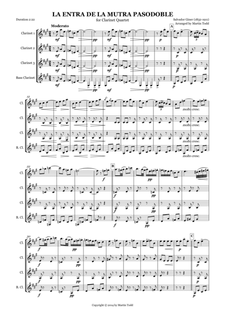 La Entra de la Mutra Pasodoble for Clarinet Quartet (arr. Martin Todd)