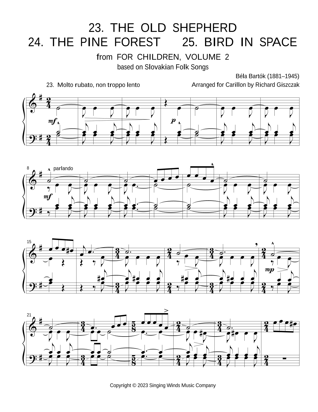 For Children, Volume 2: 23. The Old Shepherd, 24. The Pine Forest, 25. Bird in Space (arr. Richard Giszczak)