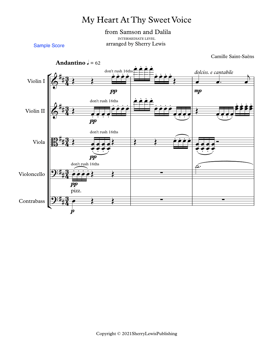 MY HEART AT THY SWEET VOICE String Orchestra, Intermediate Level for 2 violins, viola, cello and str (arr. Sherry Lewis)