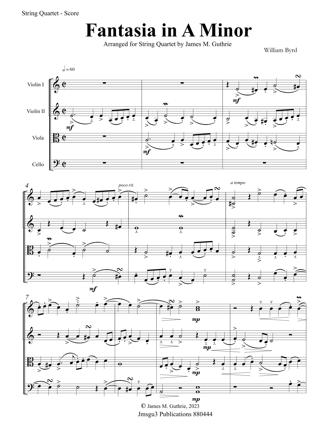 Byrd: Fantasia in A Minor for String Quartet - Score Only (arr. James M. Guthrie)