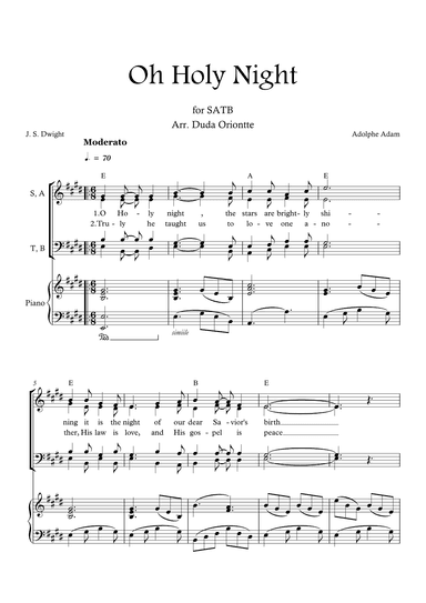 Oh Holy Night (E major - SATB - with chords - with piano - one staff) (arr. Duda Oriontte)