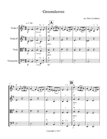 Greensleeves Easy String Quartet Arrangement (arr. Dave Lockhart)