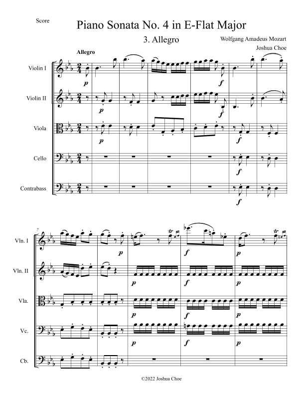 Piano Sonata No. 4 in E-Flat Major, Movement 3 (arr. Joshua Choe)