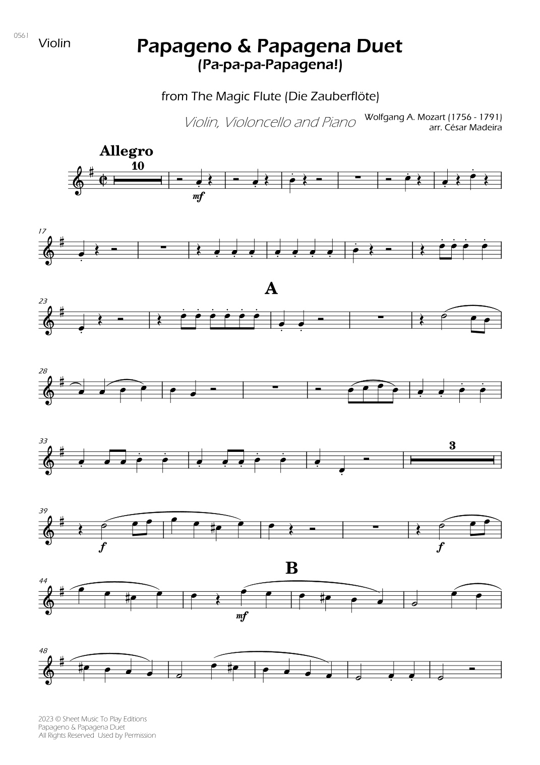 Papageno and Papagena Duet - Piano Trio (Individual Parts) (arr. César Madeira)