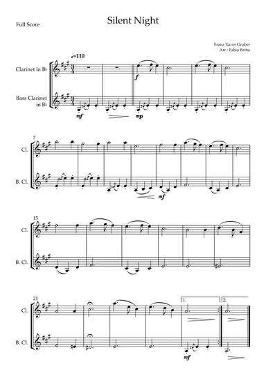 Silent Night (Christmas Song) for Clarinet in Bb &  Bass Clarinet in Bb Duo (arr. Fabio Britto)