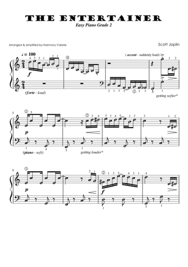 The Entertainer (Scott Joplin) Easy Piano Grade 2 Level (with note names, finger numbers and meaning (arr. Harmony Valarie @ Teacher Valarie)