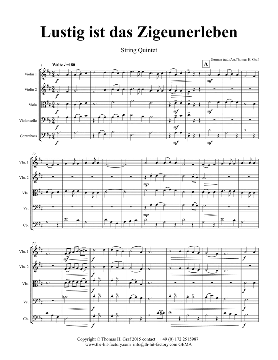 Lustig ist das Zigeunerleben - German Folk Song - Waltz - October Fest - String Quintet (arr. Thomas Graf)
