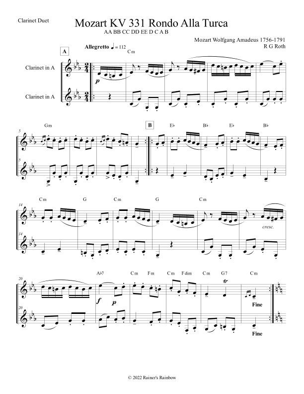 Mozart Rondo Alla Turca for Clarinet (arr. R G Roth)