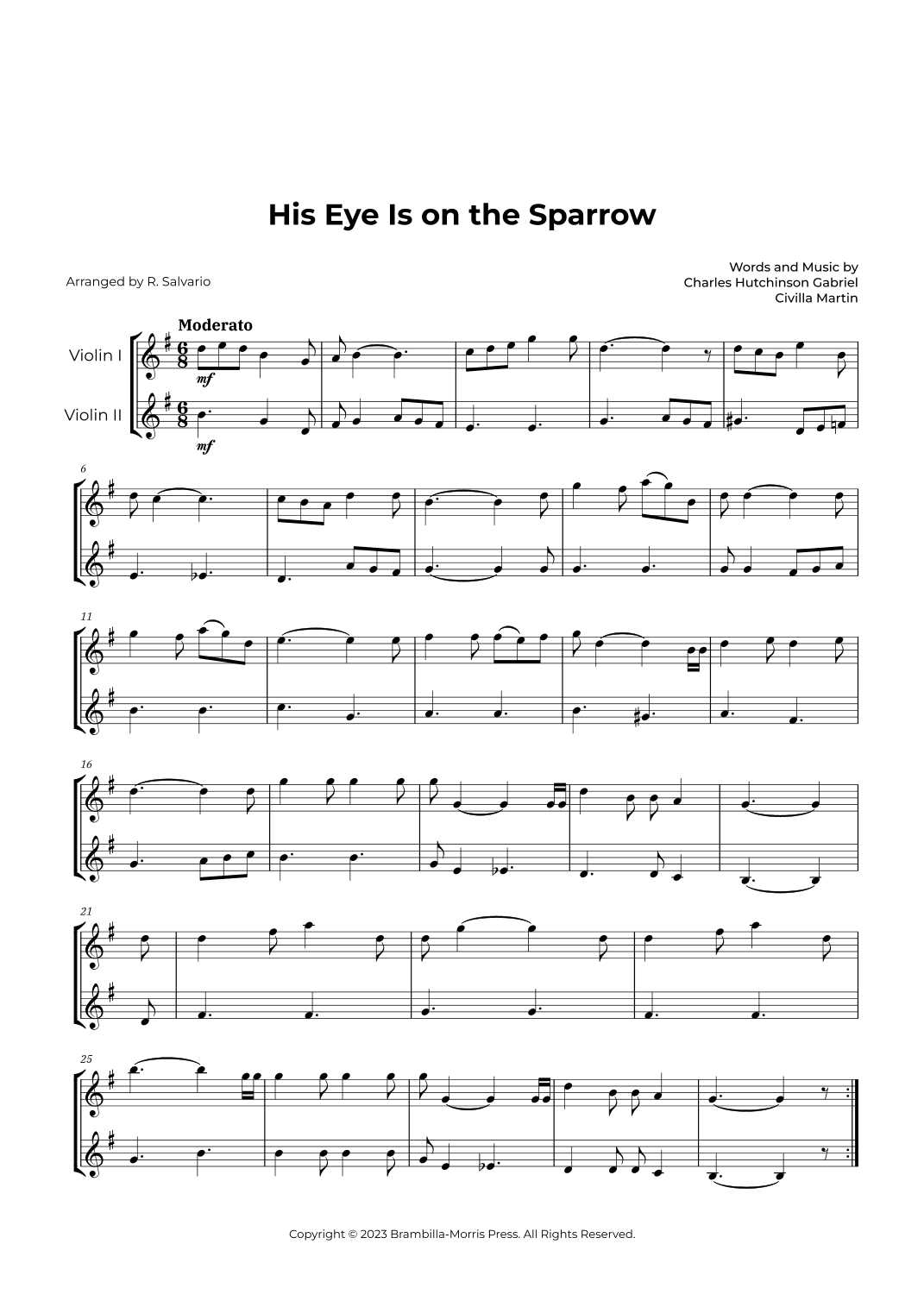 His Eye Is on the Sparrow (Violin Duet) (arr. R. Salvario)